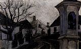 Egon Schiele Monastery new castle bald trees and houses painting